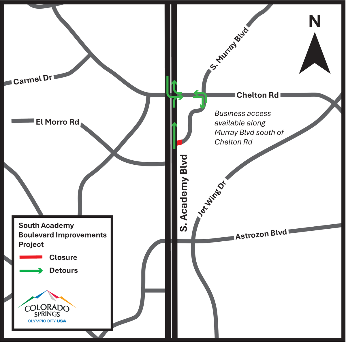 CityofCOS's tweet photo. 🚧 Road closures near South Academy Blvd. begin Oct. 21:

• S. Murray Blvd.: Through Nov. 30
• Sierra Sun Dr.: Through Oct. 28
• Astrozon Shopping Center driveway: Through Oct. 28

Businesses remain open! Plan ahead and use posted detours.

https://t.co/TLKWdkaHmq https://t.co/hVOGkyRHMU