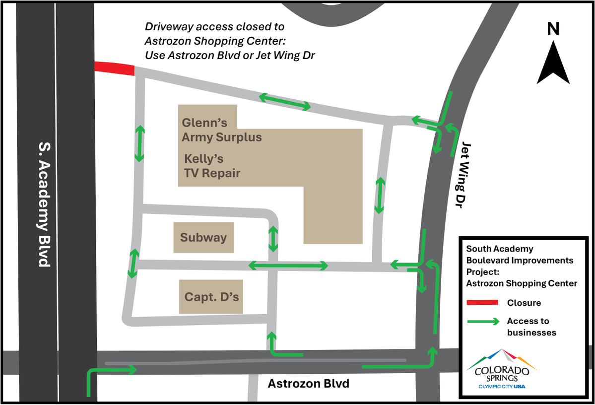 CityofCOS's tweet photo. 🚧 Road closures near South Academy Blvd. begin Oct. 21:

• S. Murray Blvd.: Through Nov. 30
• Sierra Sun Dr.: Through Oct. 28
• Astrozon Shopping Center driveway: Through Oct. 28

Businesses remain open! Plan ahead and use posted detours.

https://t.co/TLKWdkaHmq https://t.co/hVOGkyRHMU