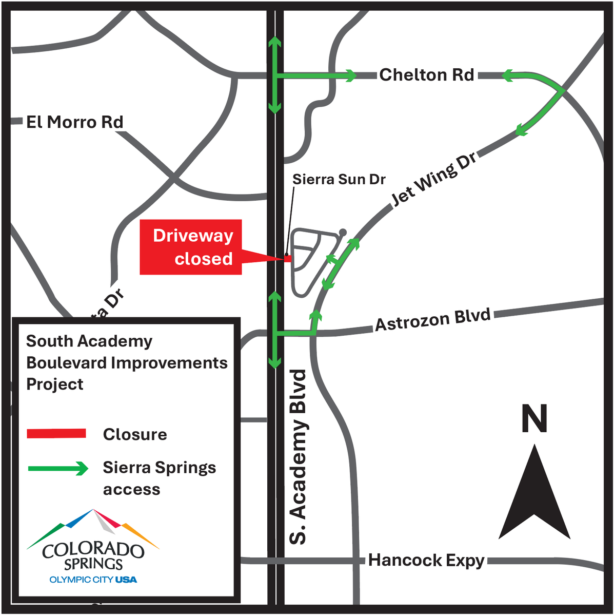 CityofCOS's tweet photo. 🚧 Road closures near South Academy Blvd. begin Oct. 21:

• S. Murray Blvd.: Through Nov. 30
• Sierra Sun Dr.: Through Oct. 28
• Astrozon Shopping Center driveway: Through Oct. 28

Businesses remain open! Plan ahead and use posted detours.

https://t.co/TLKWdkaHmq https://t.co/hVOGkyRHMU
