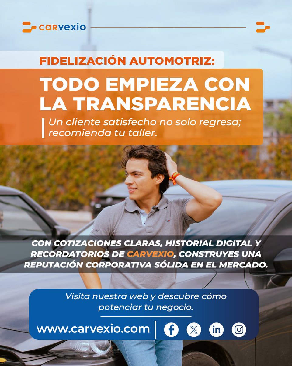Carvexio's tweet photo. Un cliente satisfecho no solo regresa; recomienda tu taller. Al ofrecer cotizaciones claras, historial digital de mantenimiento y recordatorios automáticos, construyes una reputación corporativa sólida en el mercado. 

#Carvexio #NegociosAutomotrices #FidelizacionB2B https://t.co/E8DYdh62B8