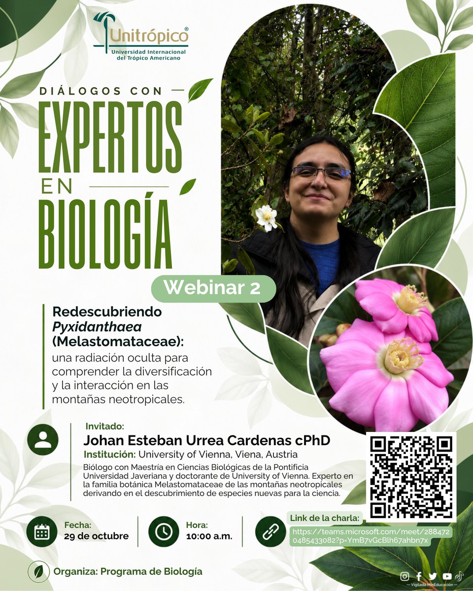 Unitropico's tweet photo. Conferencia: Redescubriendo Pyxidantheae (Melastomataceae): una radiación oculta para comprender la diversificación y la interacción en las montañas neotropicales.

Invita: Semillero de Investigación en Conservación y Usos de Plantas - SICUS.
Organiza: Programa de Biología. https://t.co/Ao3gFQCfEo