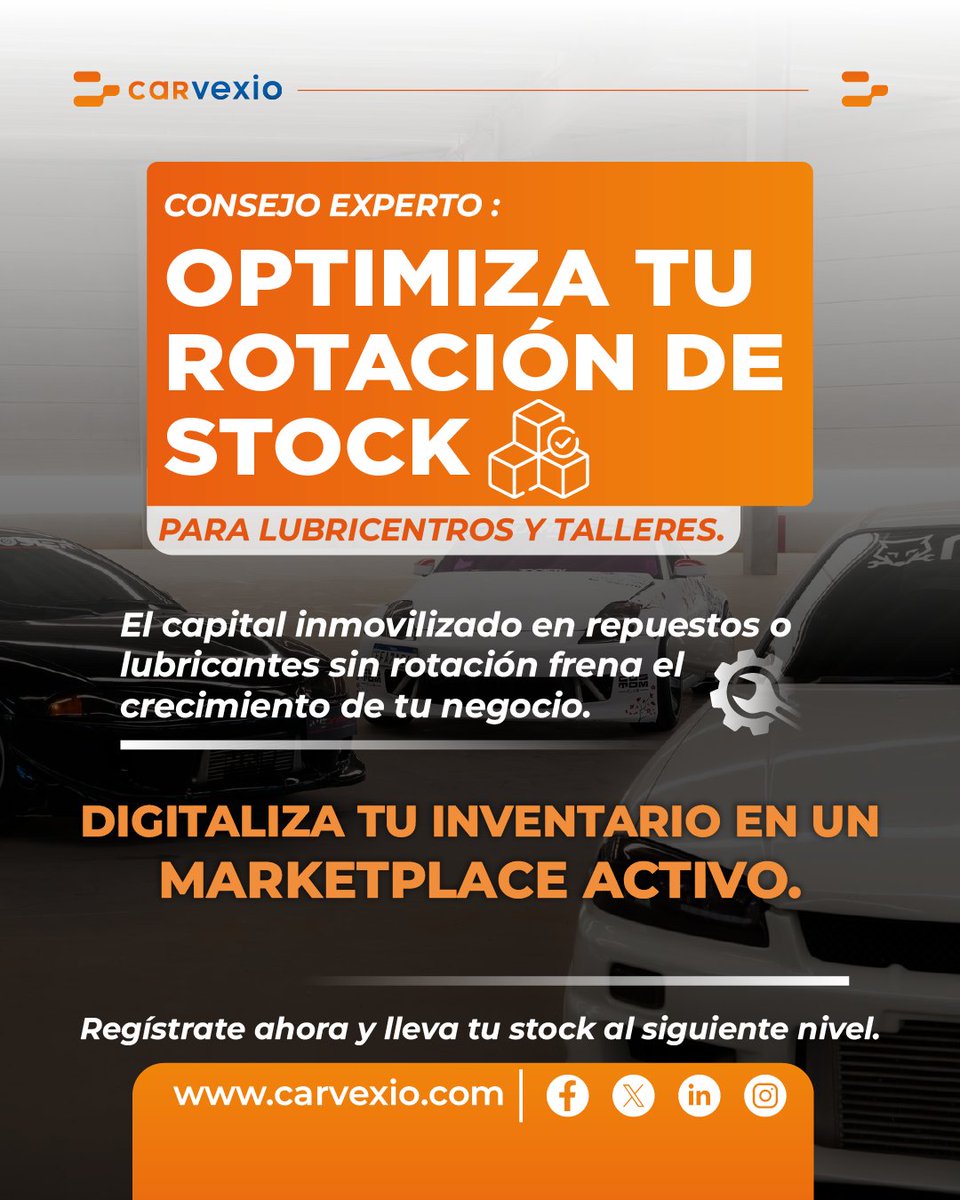 Carvexio's tweet photo. Tener capital inmovilizado en repuestos o lubricantes que nadie pide frena el crecimiento de tu negocio. Conecta tu inventario a un marketplace activo donde talleres y conductores encuentran lo que buscan al instante.

#Carvexio #MarketplaceAutomotriz #Lubricentros https://t.co/Lu9OXEJ3zC