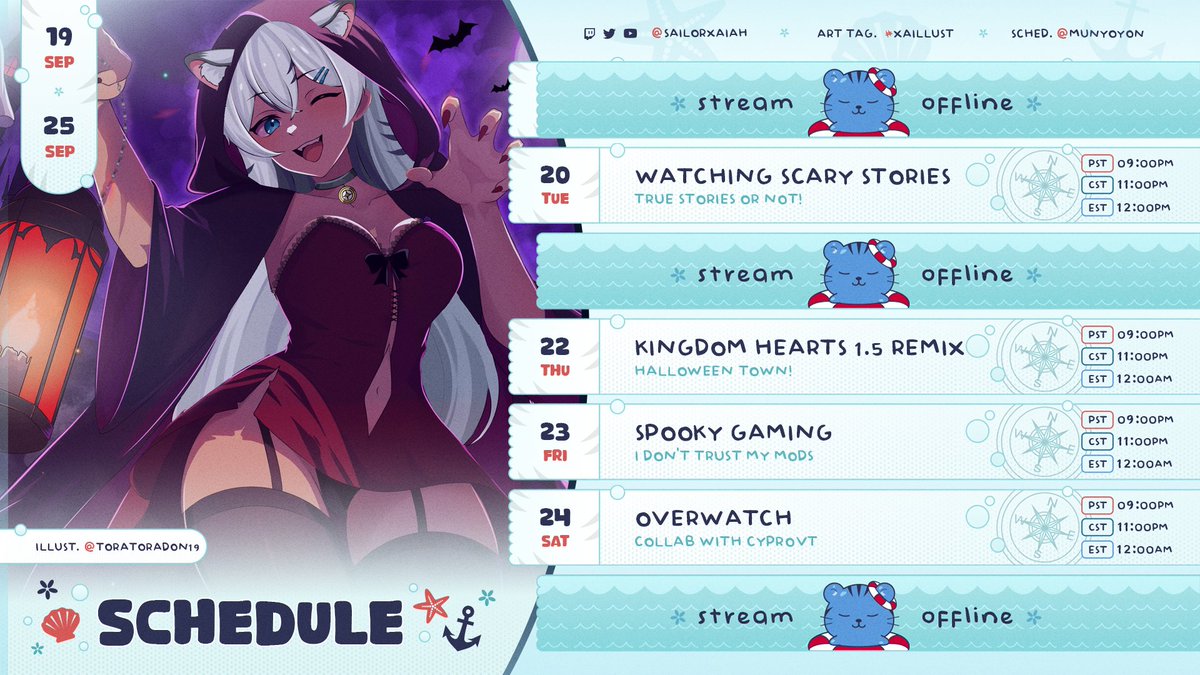 SailorXaiah's tweet photo. ⌞OCT 19th - OCT 25th SCHEDULE ⌝  
Ahoy Feeshies! 🐟 

I am back! Streams will be pushed out more for the rest of well...I hope my life hahah 
It's time for spooky nights! 
OH and a collab with my good bestie @Cypro_Chaos https://t.co/EAkYoWJf2s