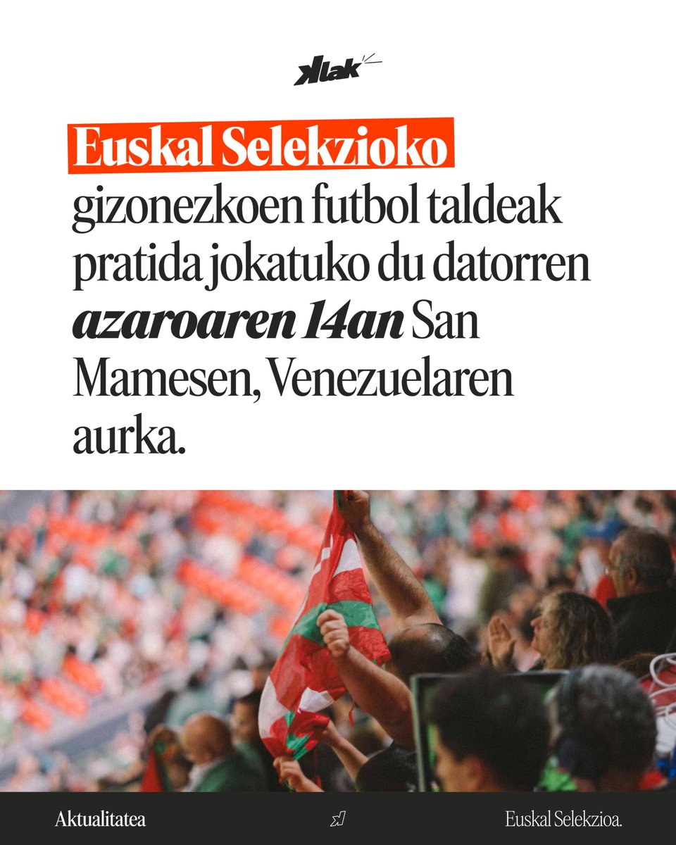 egin_klak's tweet photo. Euskal Selekzioko gizonezkoen futbol taldeak pratida jokatuko du datorren azaroaren 14an San Mamesen, Venezuelaren aurka.

#EuskalSelekzioa
#Aktualitatea https://t.co/M1xaUEnMas