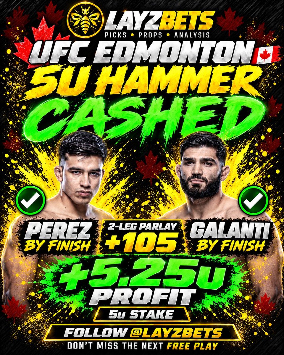 layzbets's tweet photo. Our biggest FREE PLAY CASHED in Saturday🔨✅

5u hammer → +5.25u profit
Record: 8–2 | +15.14u
That’s $1,514 profit at $100/unit.

All free. All posted before the fights. Bonus loss included. Receipts on the page

Follow @LAYZBETS + reply “HAMMER" for more 🐝

#UFC333 #Gambling𝕏 https://t.co/aJdd7PU9Gl