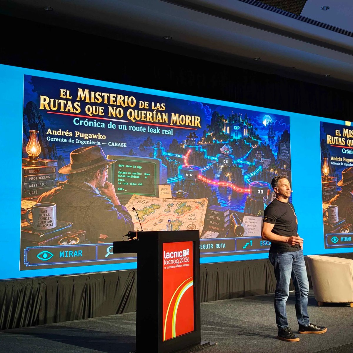 sysarmy's tweet photo. Si estan en el evento de @LACNOG , pueden ir a ver "El misterio de las rutas que no querían morir" de Andrés Pugawko! https://t.co/UmL530eC9l
