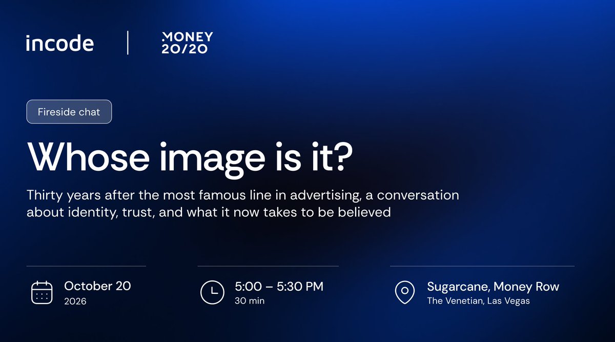 rickyamper's tweet photo. At 5:00 PM at Sugarcane, Marika Vilen, SVP Global Strategic Partnerships &amp; Commercialization at Experian, and Giles Sutherland, Head of Business Development at Interac, join us for our fireside chat, "Whose image is it?"
 #Incode https://t.co/FGVrYvMgur