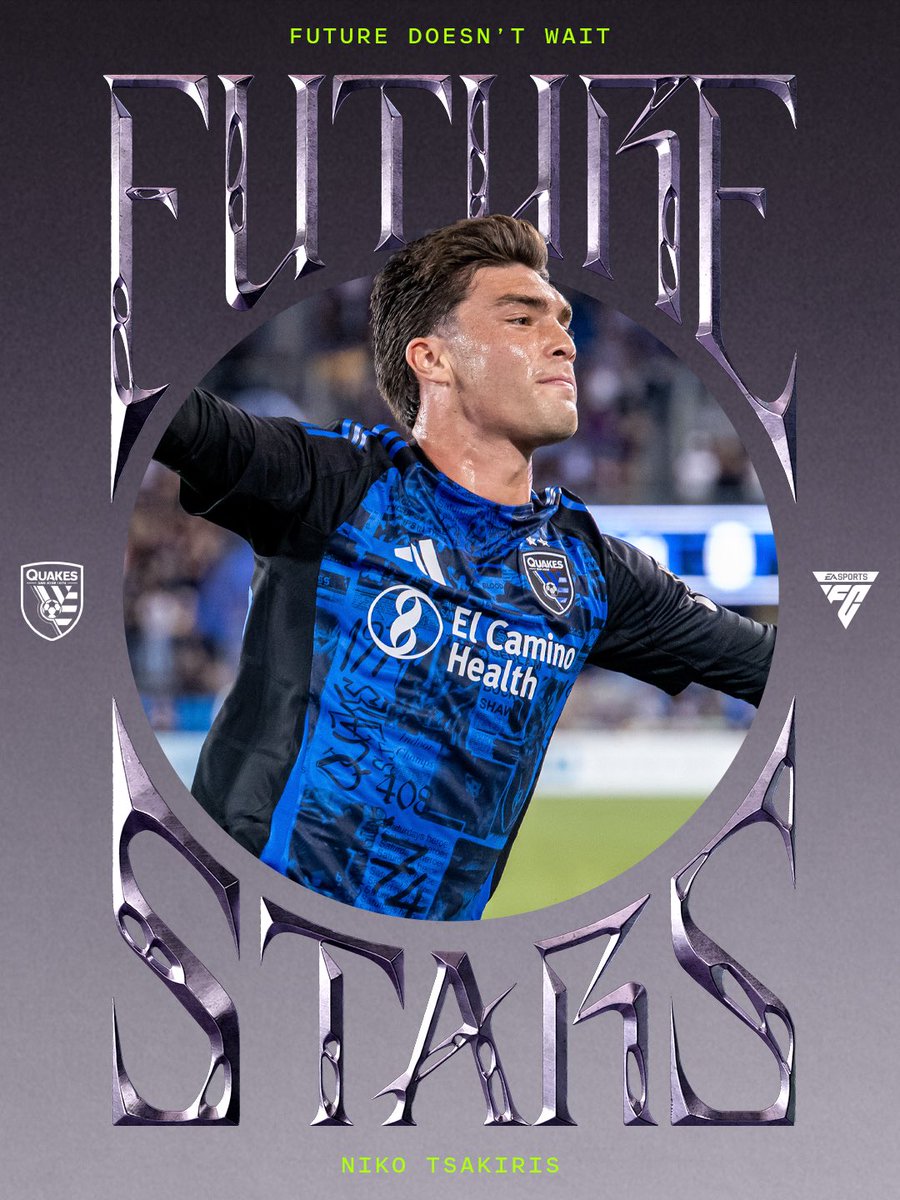 SJEarthquakes's tweet photo. 𝙏𝙃𝙀 𝙁𝙐𝙏𝙐𝙍𝙀 𝙄𝙎 𝘼𝙇𝙍𝙀𝘼𝘿𝙔 𝙃𝙀𝙍𝙀. 💫

the future is black &amp; blue ⭐️ our very own Homegrown Niko Tsakiris has been named an EA SPORTS FC 27 Future Star! https://t.co/aXPuSSH1Kv