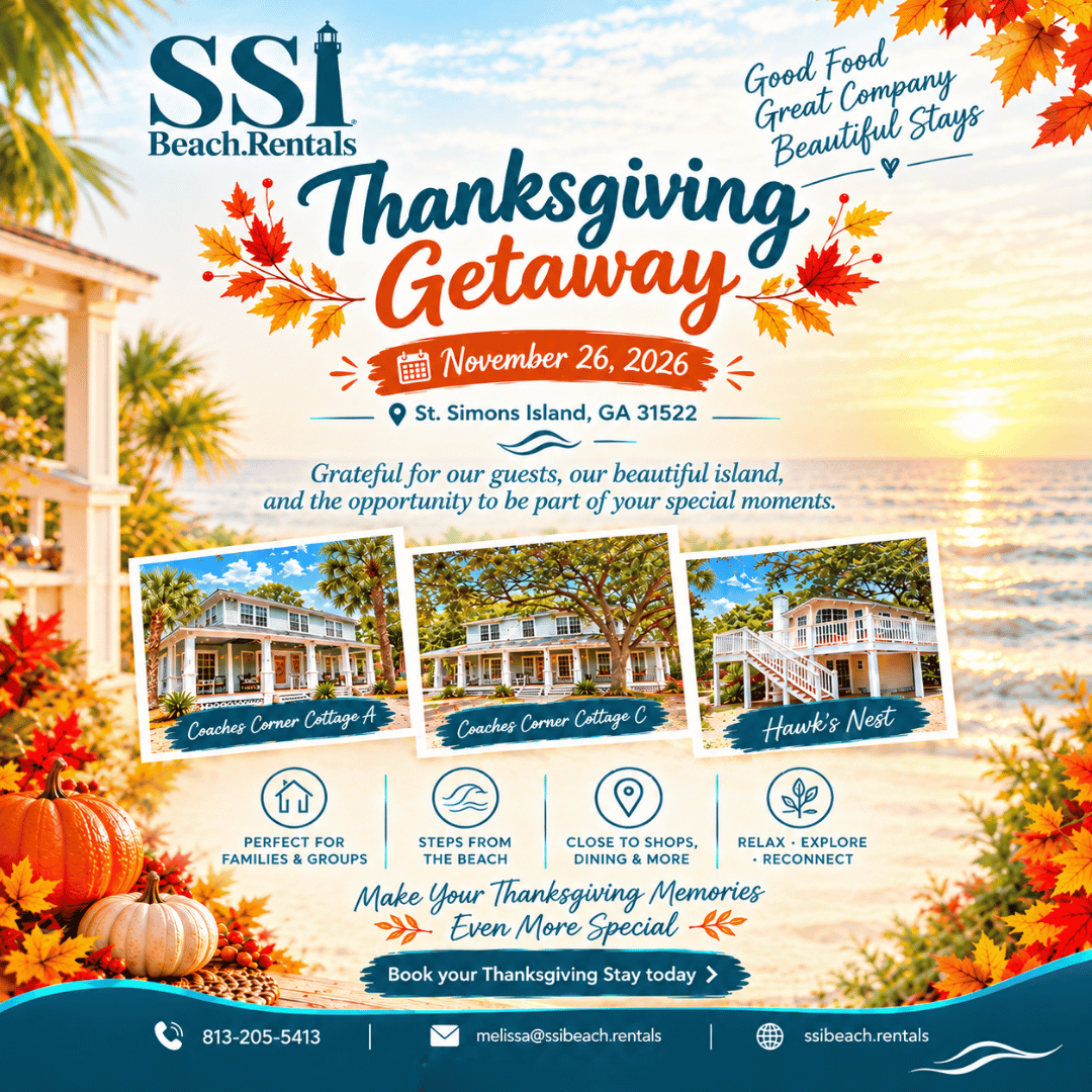 ssibeachrentals's tweet photo. 🍂 Make Thanksgiving special on St. Simons Island! 🏖️ Enjoy cozy cottages, beachside charm, and memorable moments with SSI Beach Rentals.

📅 November 26, 2026

📞 813-205-5413
📧 melissa@ssibeach.rentals
🌐 https://t.co/YnpFMgP1wF

#SSIBeachRentals #StSimonsIsland #ThanksgivingG https://t.co/IF9Yme8Fls