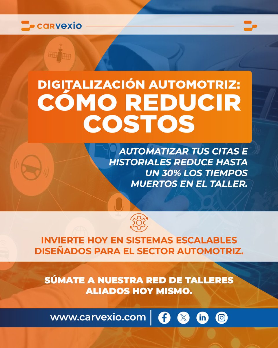 Carvexio's tweet photo. Consejo gerencial para concesionarios y talleres: La digitalización reduce costos

Automatizar la agenda de citas y el historial de servicios de tus clientes disminuye los tiempos muertos en el taller hasta en un 30%.

#Carvexio #EscalabilidadEmpresarial #Optimizacion #B2B https://t.co/hNwiO6zQ0B