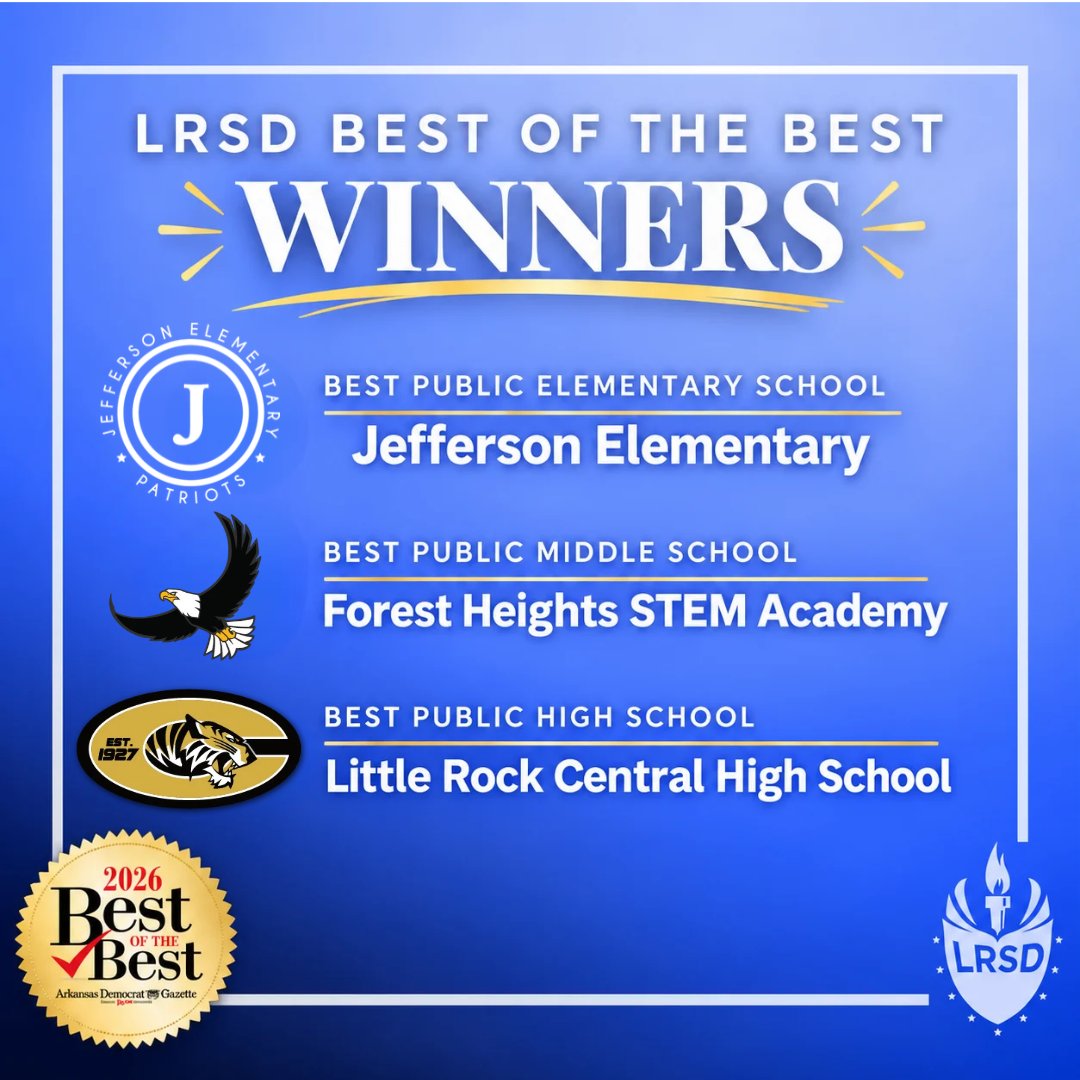 lrsd's tweet photo. 🏆 THREE SCHOOLS. THREE WINS! 

Congratulations to Jefferson Elementary, Forest Heights STEM Academy and Little Rock Central High School on earning 2026 Best of the Best honors in the Arkansas Democrat-Gazette Readers’ Choice Awards! #LRSDProud #DiverseVoicesEndlessChoices https://t.co/8u2XcMQk5w