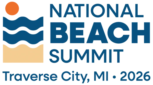 National Beach Summit logo. Illustration of waves, beach and sun.. Text says, "National Beach Summit, Traverse City, Michigan, 2026"