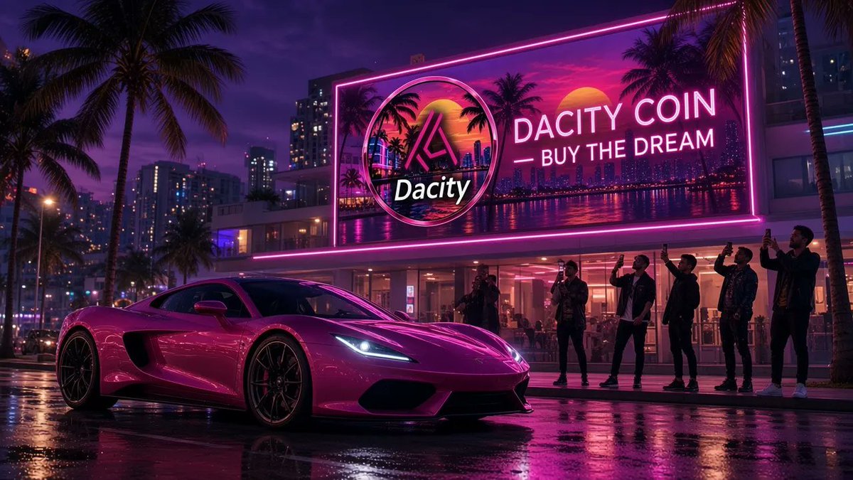 TheDacityETH's tweet photo. Neon overhead, horsepower at street level—Dacity Coin lights up the night in pink. 🌴🏎️💜 

#Dacity #DacityCoin https://t.co/7a2Hjr7Oib