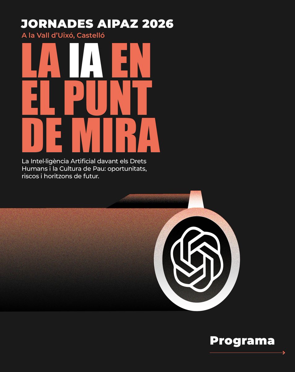 CentreDelas's tweet photo. 🕊️ LA IA AL PUNT DE MIRA: Intel·ligència artificial, drets humans i cultura de pau. 

Com afrontar els desafiaments d'aquesta transformació tecnològica?

📅22 i 23 d'octubre
📍La Vall d’Uixó
🤝Organitzem @aipaz_org i el Centre Delàs

👉Més informació: https://t.co/sRIwc0vnw3 https://t.co/1Vqhi4BDmv