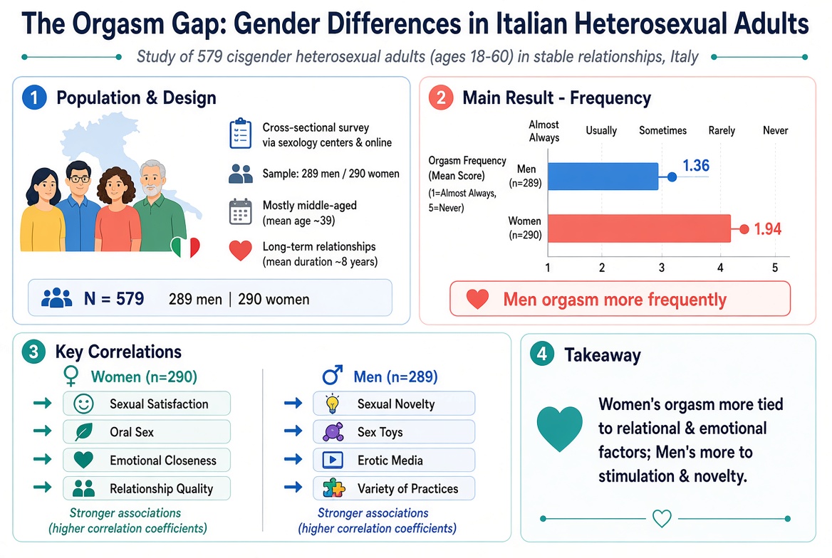 Desire_Notes's tweet photo. New Italian study (N=579 heterosexual adults in relationships): Men report orgasms more often than women. Women’s orgasm frequency more strongly tied to sexual satisfaction, oral sex &amp; relationship quality; men’s more to novelty, toys &amp; erotic media. https://t.co/3zSYFZtWXy