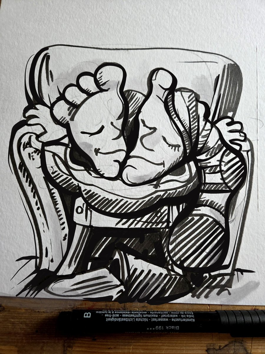 ArtemDi3's tweet photo. Inktober 2026. Day 20: LOUNGE 🦶🛋️

Sole Comfort

I love turning the most ordinary things into characters in my drawings. This time, I decided to give those soles some real comfort! 😄

And I relaxed a bit myself, enjoying a free, lighthearted, and spontaneous drawing style. ✒️

#Inktober2026 #Lounge #Day20