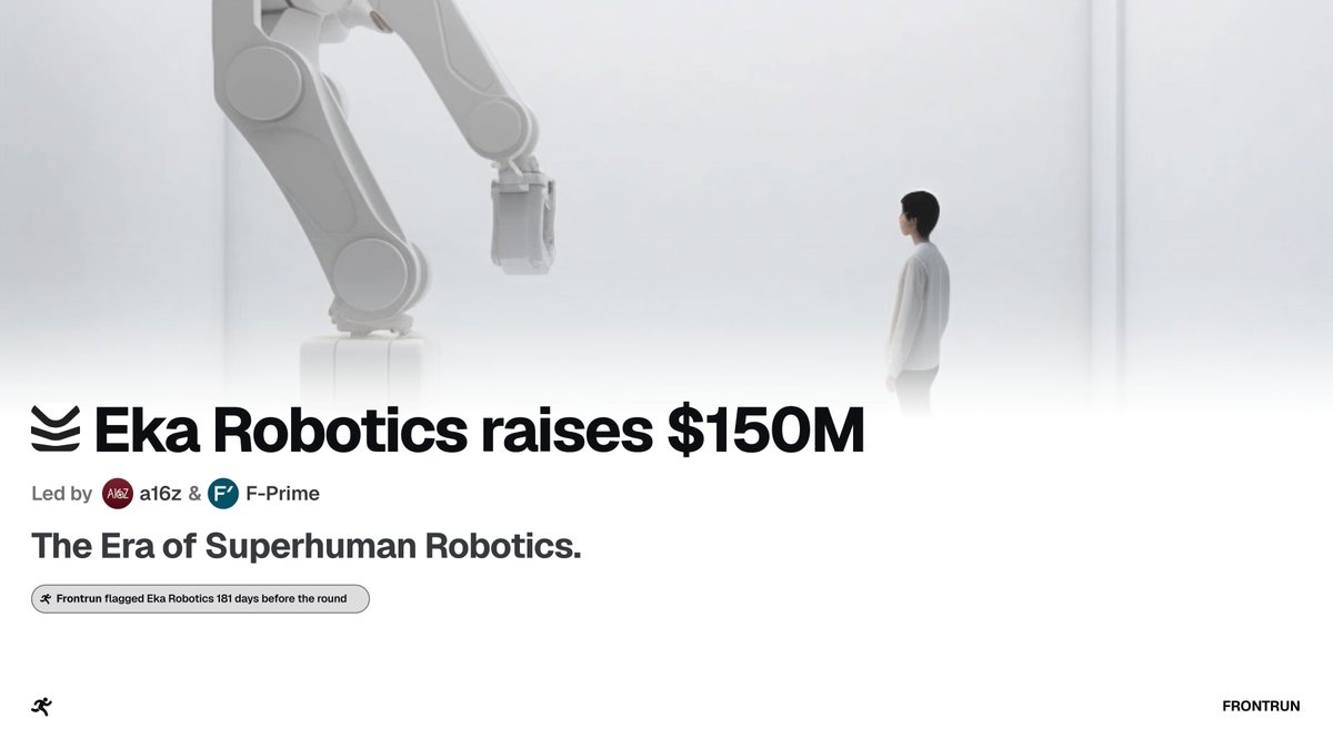 frontrunvc's tweet photo. FUNDRAISE 💰: @frontrunvc flagged @EkaRobotics on April 22nd.

181 days later: $150M Series A co-led by @a16z and @fprimecapital. 🫡 https://t.co/NQ75quaNLO