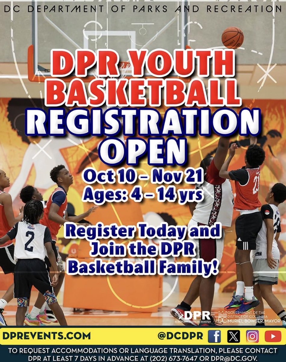DCDPR's tweet photo. 🏀 DC, WHO’S READY TO HOOP?! 🔥

Registration is OPEN for DPR Youth Basketball 2026–2027! Youth ages 4–14 can build skills, confidence, teamwork, and have FUN on the court.

🏀 Register today and get in the game!

🔗 https://t.co/ezLatkmMvl

#YouthBasketball #DCRecMade l https://t.co/FFD8oSFk8p