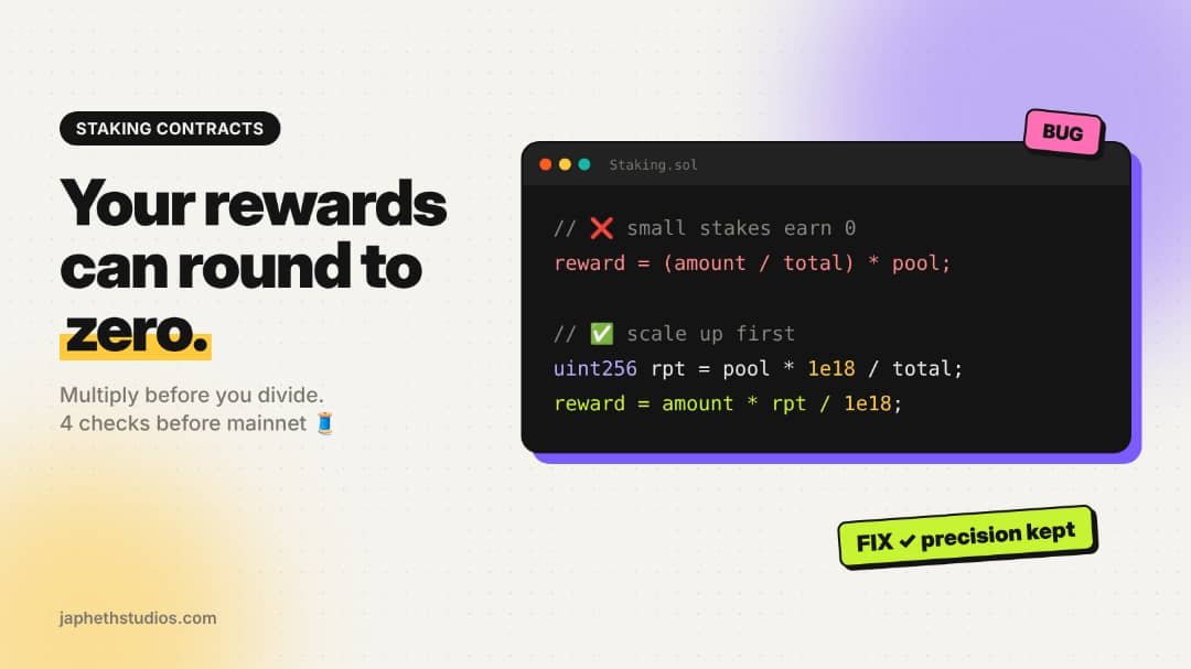 Japheth_studio's tweet photo. Your staking contract can pay small stakers exactly zero, and nothing will throw an error.

4 checks I run before a staking contract leaves testnet 🧵 https://t.co/anxBVfDfnm