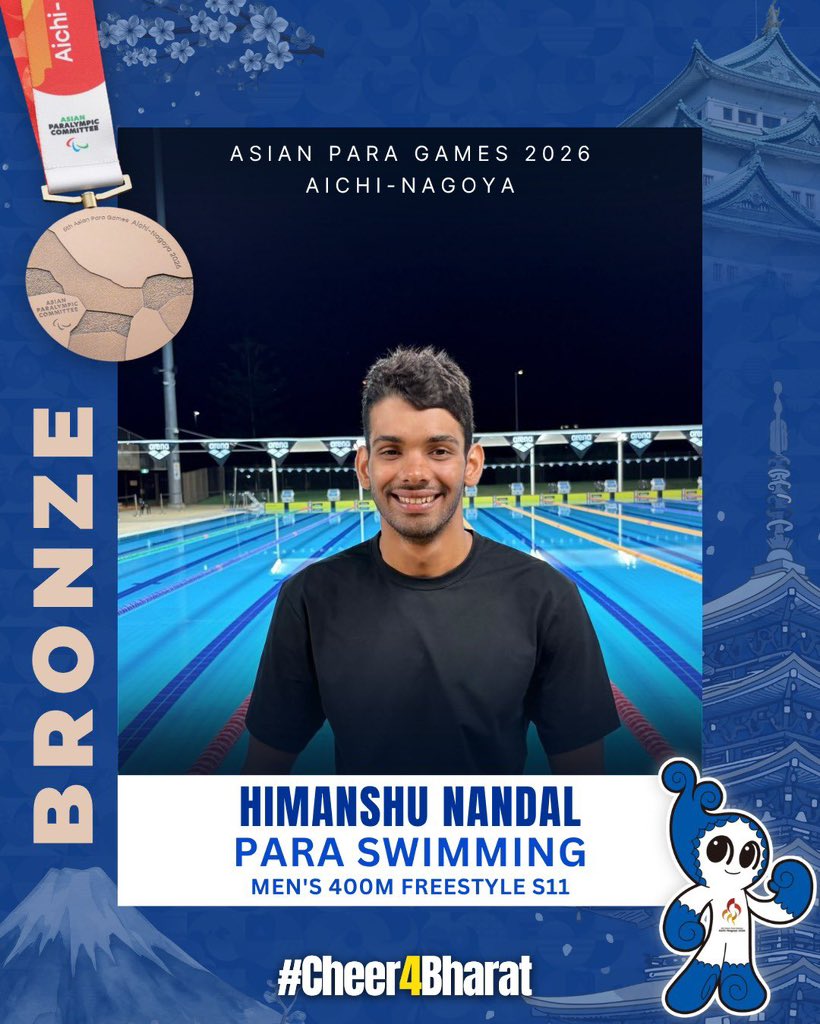 HardeepSPuri's tweet photo. Indian Champions continue the winning momentum at #AsianParaGames2026!
Heartiest congratulations to Himanshu Nandal on winning the Bronze Medal in the Men’s 100m Freestyle S11!

#Cheer4Bharat 
@PCI_IN_Official @pspbmedia https://t.co/B790yOupCG