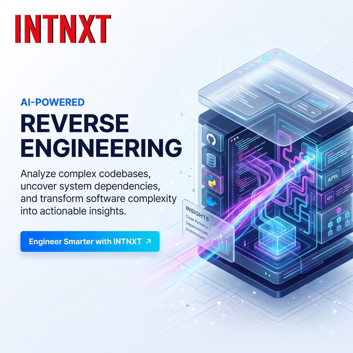 INTNXT1's tweet photo. Complex codebases don’t have to remain a mystery.
AI-powered reverse engineering helps teams uncover code patterns, understand dependencies, and turn software complexity into actionable insights.
👉 Engineer smarter with INTNXT.
#ReverseEngineering #AI #SoftwareDevelopment https://t.co/qiDYjlf4Cq
