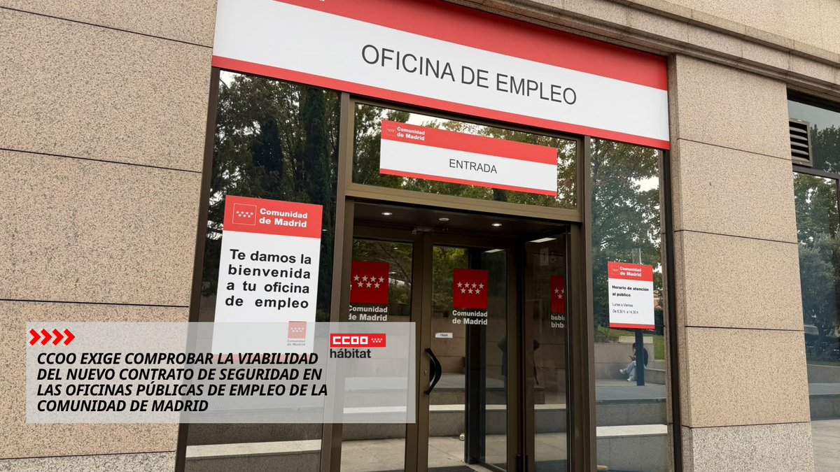 CCOO_Habitat's tweet photo. 🚨@CCOOHabitat_MAD exige garantías ante el nuevo contrato de seguridad de las oficinas de empleo, adjudicado a Viten Seguridad por 3,15 M€.

✊Es imperativo que se garanticen las subidas salariales, la subrogación de la plantilla y las deudas pendientes.

https://t.co/WiOFOc1B2y https://t.co/xyHcrh5oHt