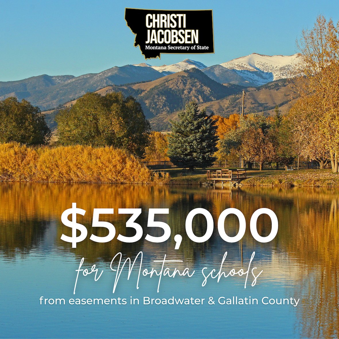 SOSJacobsen's tweet photo. More than $535,000 for Montana schools! Proud to approve easements at this week’s Land Board meeting that generate revenue for schools while supporting essential services for Montanans. Responsible management of our state trust lands delivers real benefits for Montanans! #mtnews https://t.co/A3dBBl9vdL
