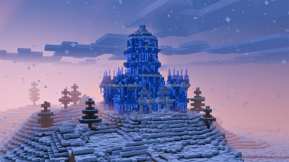 Minecraft's tweet photo. WOAAAH NEW BLOCKS!! 🧊 

Come test more features from the upcoming game drop! Turn packed ice blocks into a full brick set, including packed ice bricks, slabs, stairs, walls, and chiseled blocks. Enjoy the ambiance over frozen rivers and oceans – listen to the singing sounds from ice blocks over water, echoing through the freezing cold. Available now in Bedrock beta and preview and Java snapshot.

Learn more here! https://t.co/BCA3usp8AG
