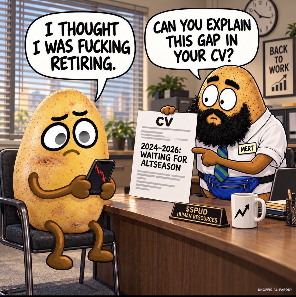 smashed_spud's tweet photo. Went all in.
Now clocking in.

Fuck. 🥔

$SPUD near:native https://t.co/6Vcyo0PUys