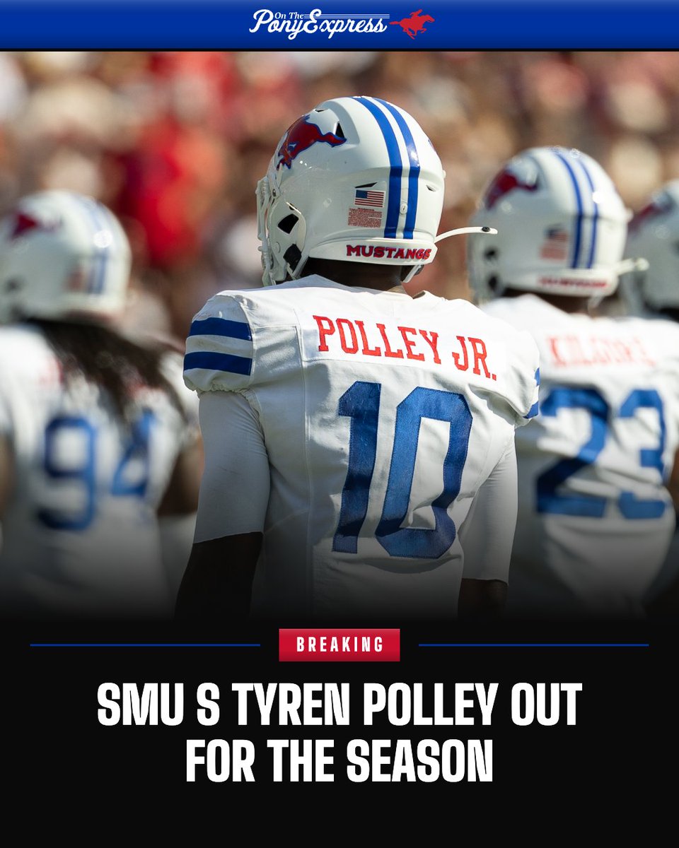 DeanRalsky's tweet photo. BREAKING: Star SMU Safety Tyren Polley Jr. is out for the season, Rhett Lashlee tells 
@SMUMustangsOn3

A huge loss for the Mustangs. 

It's now even more important that SMU finds a way to get Ahmaad Moses back on the field.

https://t.co/3qwbp9abB9 https://t.co/xxxemtXNp8
