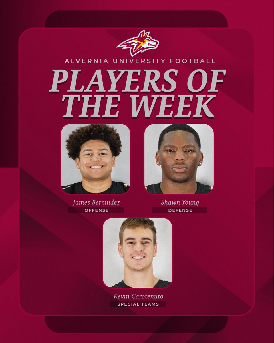 AlverniaFB's tweet photo. Congrats to our Players of the Week for our WIN vs Albright. @VernAthletics @AlverniaU @CoachDev12 
#RunWithThePack https://t.co/OJeLPUKFa8