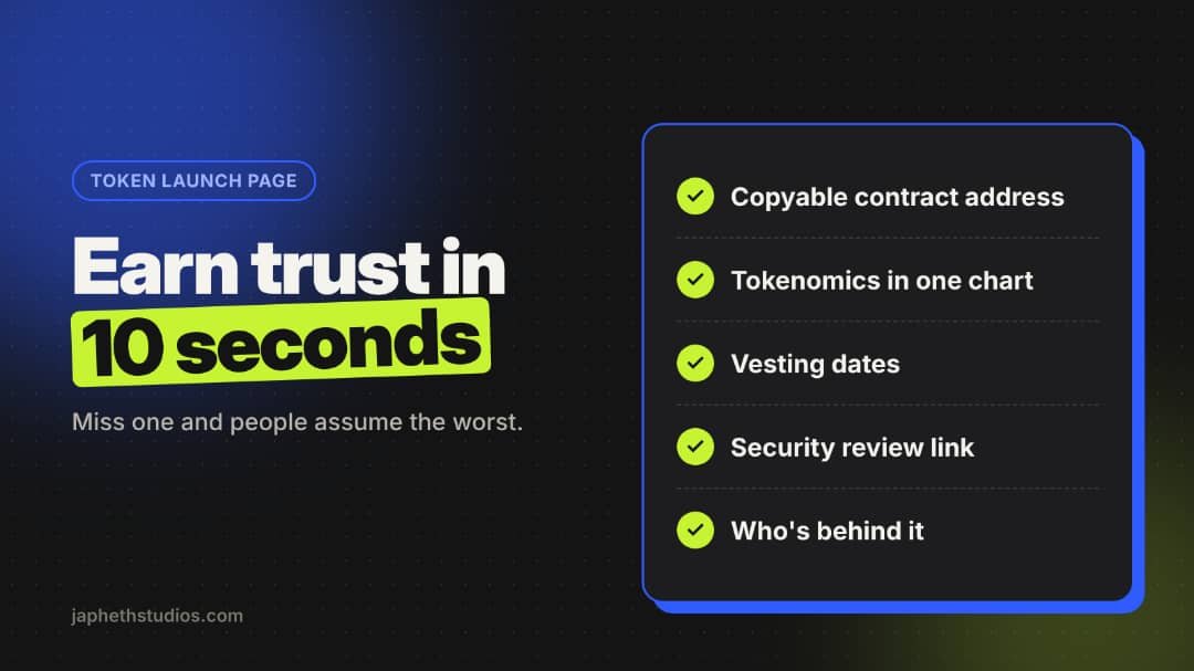 Japheth_studio's tweet photo. A token launch page has one job: earn a stranger's trust in 10 seconds.

Copyable contract address. Tokenomics in one chart. Vesting dates. Security review link. Who's behind it.

Leave any out and people assume the worst.

DMs open for Web3 launch pages and project sites. https://t.co/Y9eGN6Opn5