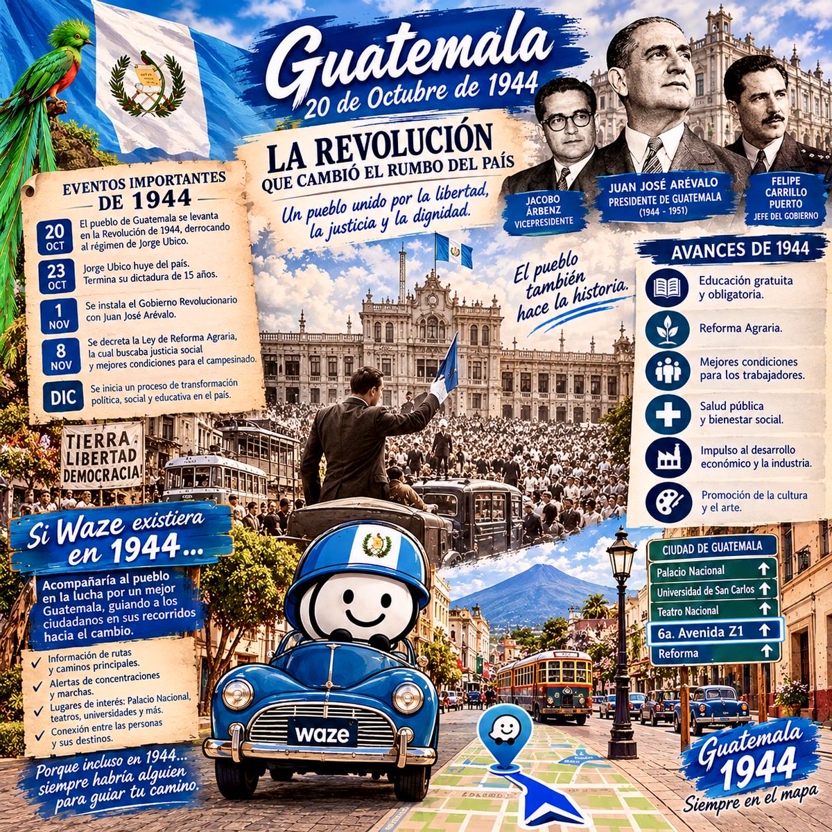 WazeGT's tweet photo. Feliz día de la revolución en conmemoración al 20 de octubre de 1944
@waze @WazeGT #WazeGT #20OCT2026 #20oct1944 #TraficoGT #MarchasGT #CaminatasGT https://t.co/yarWzm5Y2a