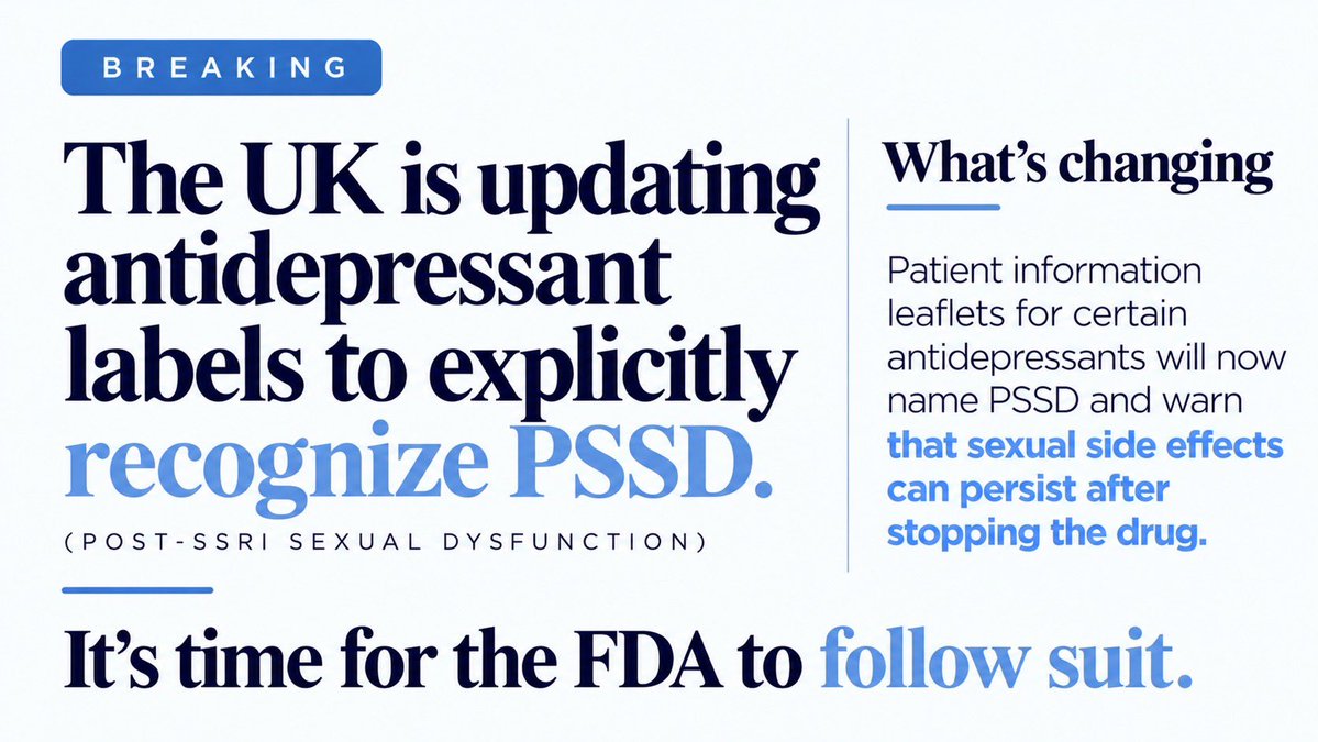 DanielleGansky's tweet photo. The UK is updating antidepressant warnings to recognize PSSD (post-SSRI sexual dysfunction) and acknowledge that sexual side effects can continue long after stopping treatment.

It's time for the FDA to follow suit.

But sadly this still isn't enough. These injuries extend far beyond sexual dysfunction, causing devastating, lasting cognitive and emotional impairments.

People deserve to be fully informed about what they are risking before making a decision that could potentially  affect them for the rest of their lives. @PSSDNetwork