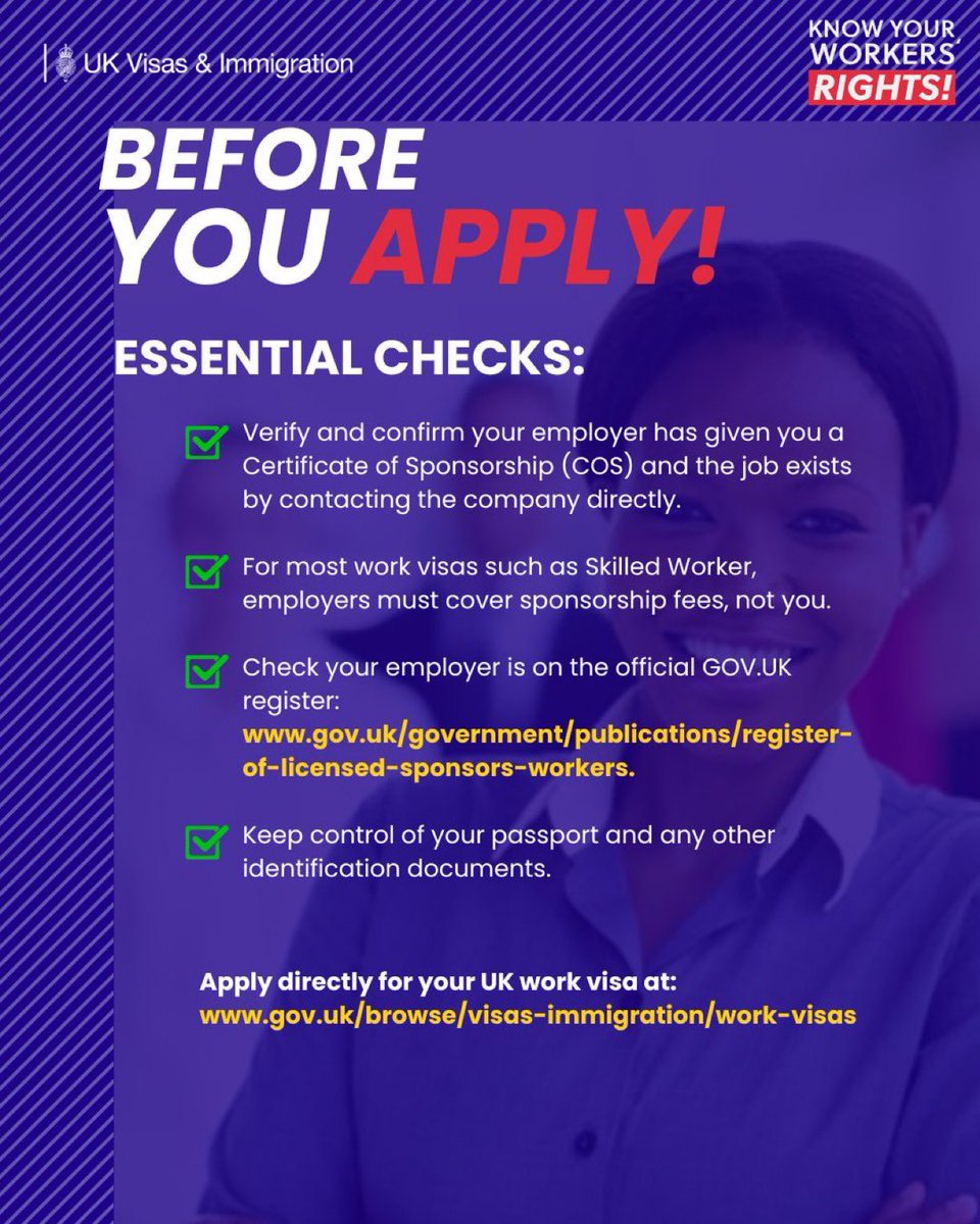 UKinZimbabwe's tweet photo. Thinking of working in the UK 🇬🇧?

✔️ Check your employer is a licensed sponsor 
✔️ Never surrender your passport 
✔️ Be wary of upfront fees 
✔️ Think carefully before selling assets 
✔️ Apply directly via https://t.co/aU8lywMeB4: https://t.co/FnTXU4lmeO

#KnowYourWorkerRights https://t.co/rZJs7glJAy