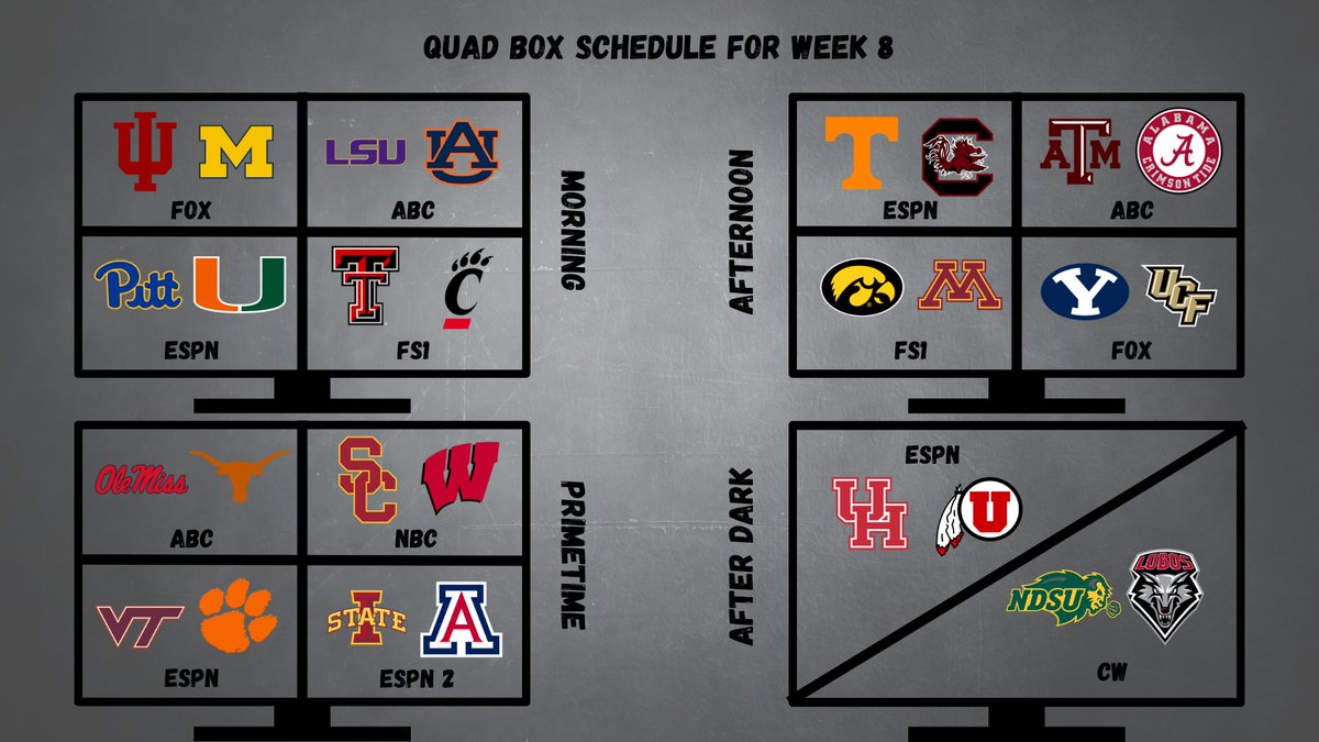 BoxScore_FB's tweet photo. After chaos in Week 7, what's up next? Here is your quad box schedule for Week 8! https://t.co/uAVudttUdZ