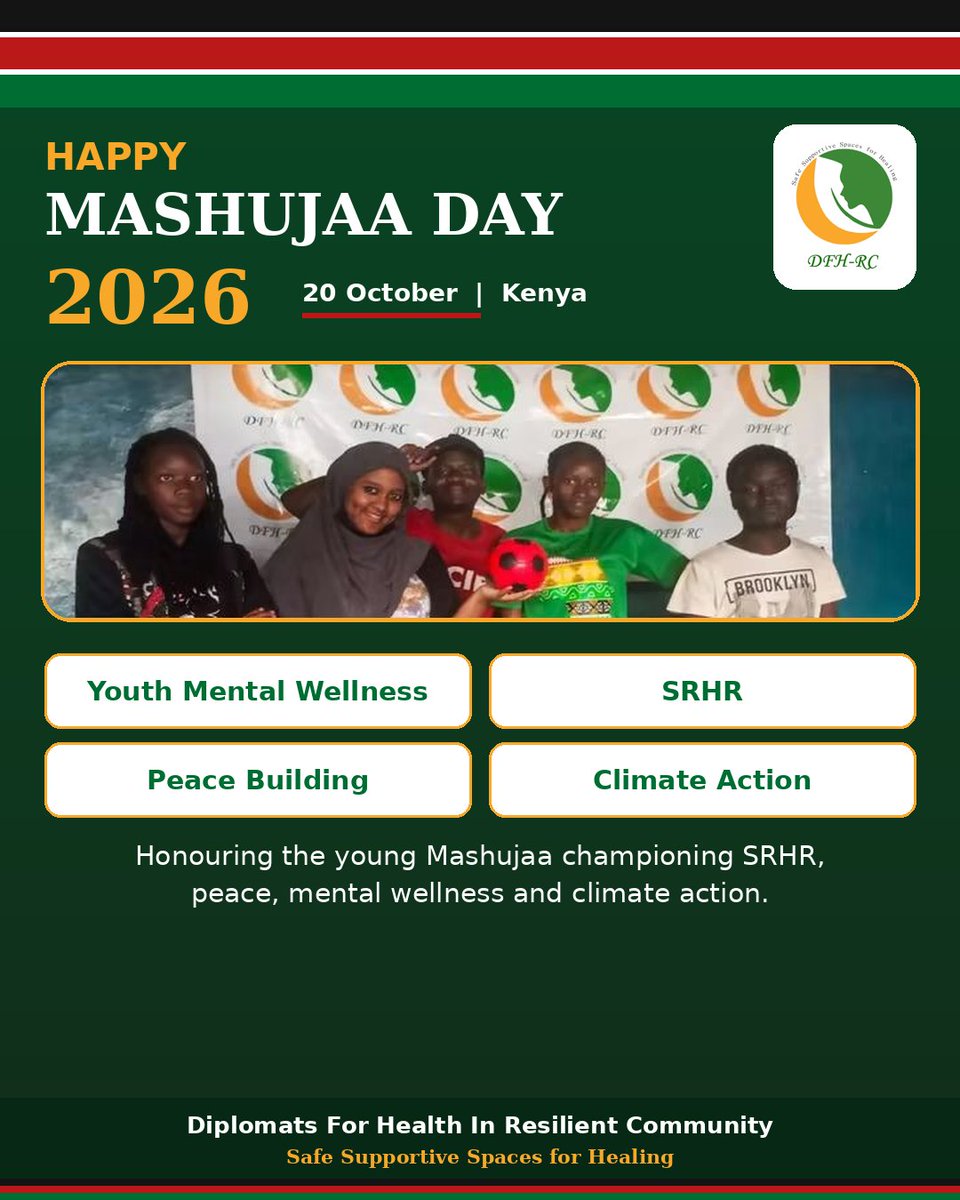 DFHRC's tweet photo. Heroes don't always wear medals. 

They sit with a struggling friend. They calm conflict before it grows. They speak up for SRHR. They protect our planet.
Happy Mashujaa Day 2026 to every changemaker! 
Tag a Mashujaa 👇
#MashujaaDay2026 #IAmPeace https://t.co/AYaIKdyITz