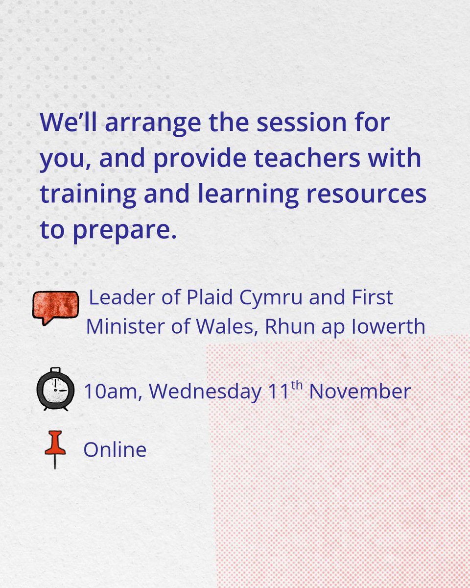 PoliticsProject's tweet photo. Got a question you want to ask the First Minister of Wales?   

Schools across Wales can take part in our Leader Dialogue:  
🗣️ Leader of Plaid Cymru, @RhunapIorwerth MS 
🗓️ 10am, Wednesday 11th November 
📍 Online    

🔗 Express your interest now: https://t.co/iq6UGaVN5s https://t.co/QuMYe1e9Aa