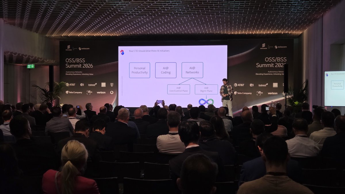 ericsson's tweet photo. How do you move from Telco to TechCo?

Lukas Leuthold from @Swisscom showcased the results of connecting Agentic AI with a NetDevOps Reference Model on stage at the #OSSBSSSummit2026.

#NoNonsenseOSSBSS #AutonomousNetworks https://t.co/RZihfwSk0s