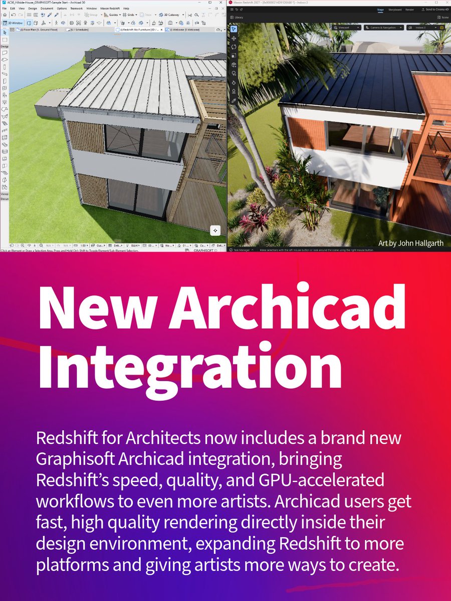 MaxonArchviz's tweet photo. 🏠 Redshift for Architects 2027 is now available! Introducing #Archicad support alongside workflow improvements, including faster scene startups, improved real-time refraction &amp; depth of field, &amp; enhanced area light controls. Available today.
🔗 https://t.co/xArqwgv5rR https://t.co/xikbz3H3aK