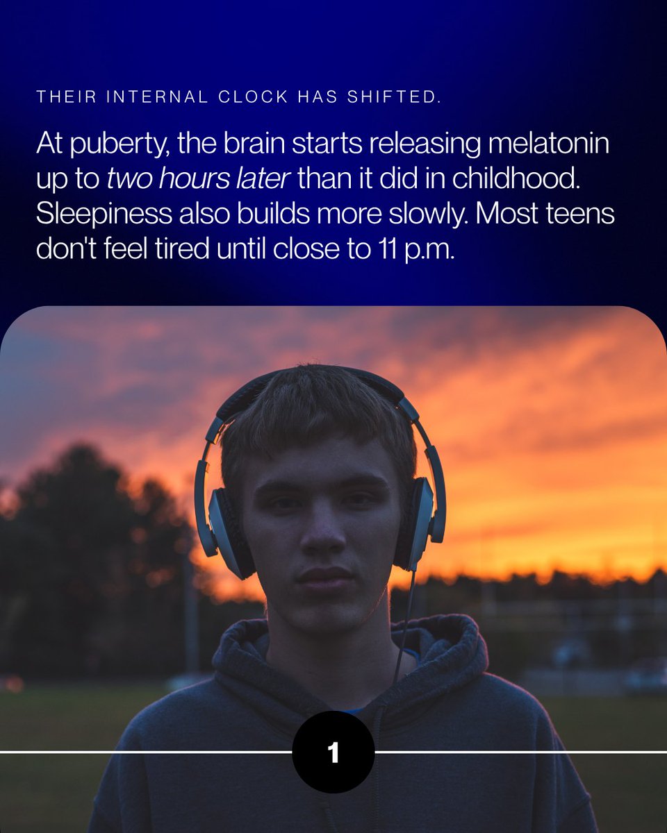 BetterSleepOrg's tweet photo. Teenagers' internal clocks shift later at puberty, which is why a preferred 11 p.m. bedtime often has more to do with melatonin timing than willpower. https://t.co/cnAYIv7saN