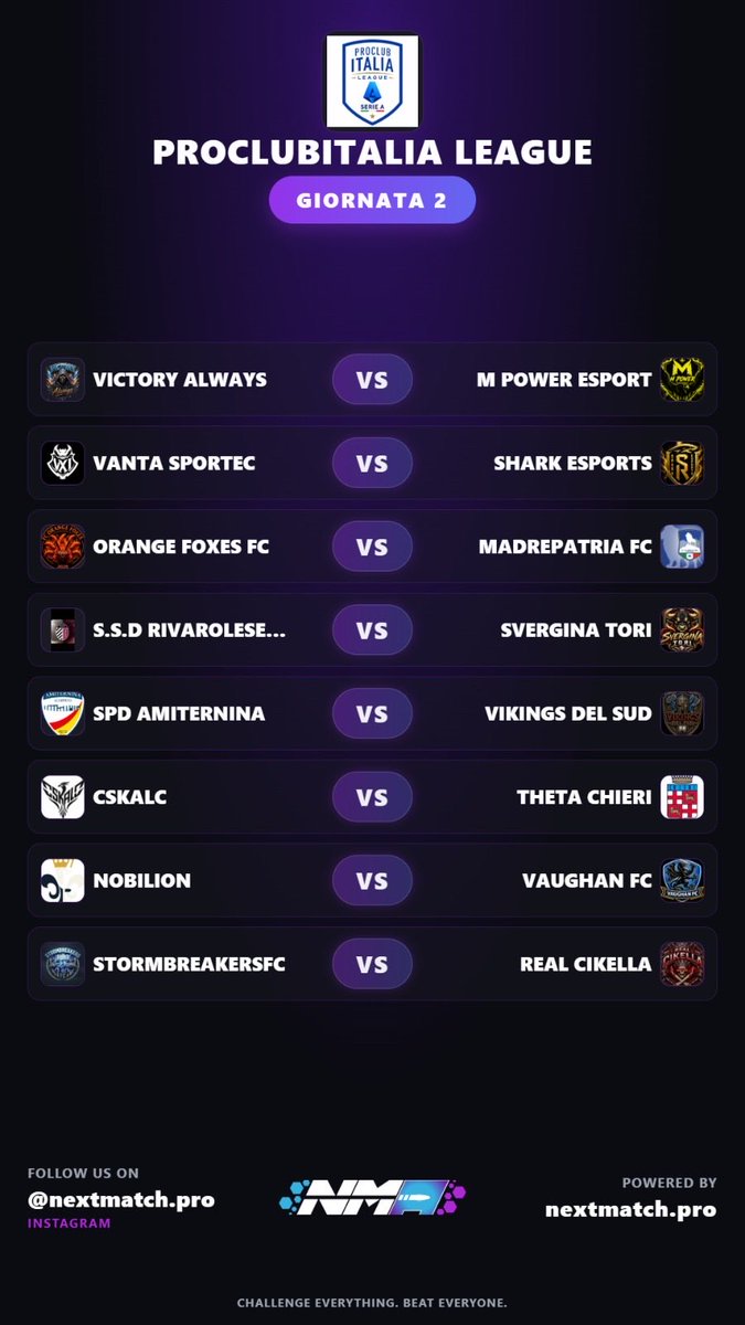 PCILeague's tweet photo. 🏆 ProClubItalia League
⚽️ Serie A
📊 Accoppiamenti
🗓️ Giornata 2

@NobilionEsports 
@vantaproclub 
@patrikursi
@victory_always_
@sharkesportsFC
@vaughanFC_
@erivarolese1906
@fcstormbreakers
@FCOrangeFoxes
@mpoweresport
@madrepatriafc
@realcikella
@officialcskalc
@Vikingsdelsud https://t.co/x3kwH1ivRa
