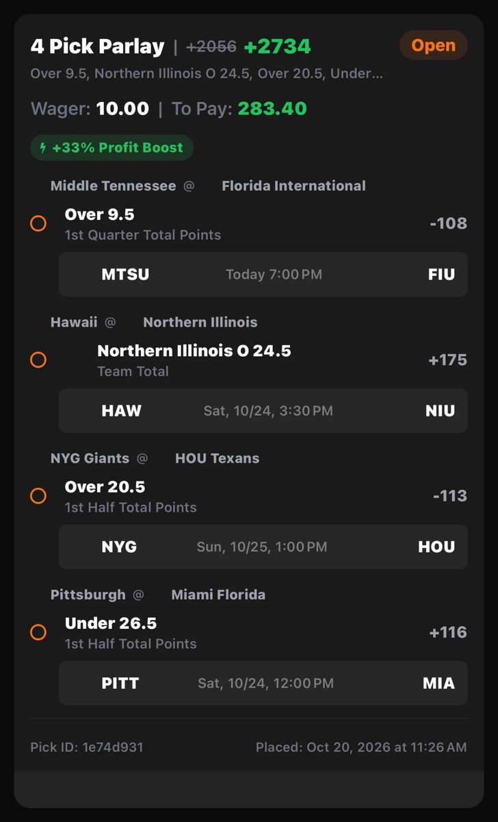 PlusEV's tweet photo. Courtside LONGSHOT +2734🎯

$10 -> $283💣

33% profit boost mystery promo. Northern Illinois team total over 24.5 at +175, while ProphetX only pays +147....

If you don't have Courtside yet, be sure to download using my refer a friend code "UPSIDE" for a $100 in free play when spending $10.

Link to tail in Replies 👇