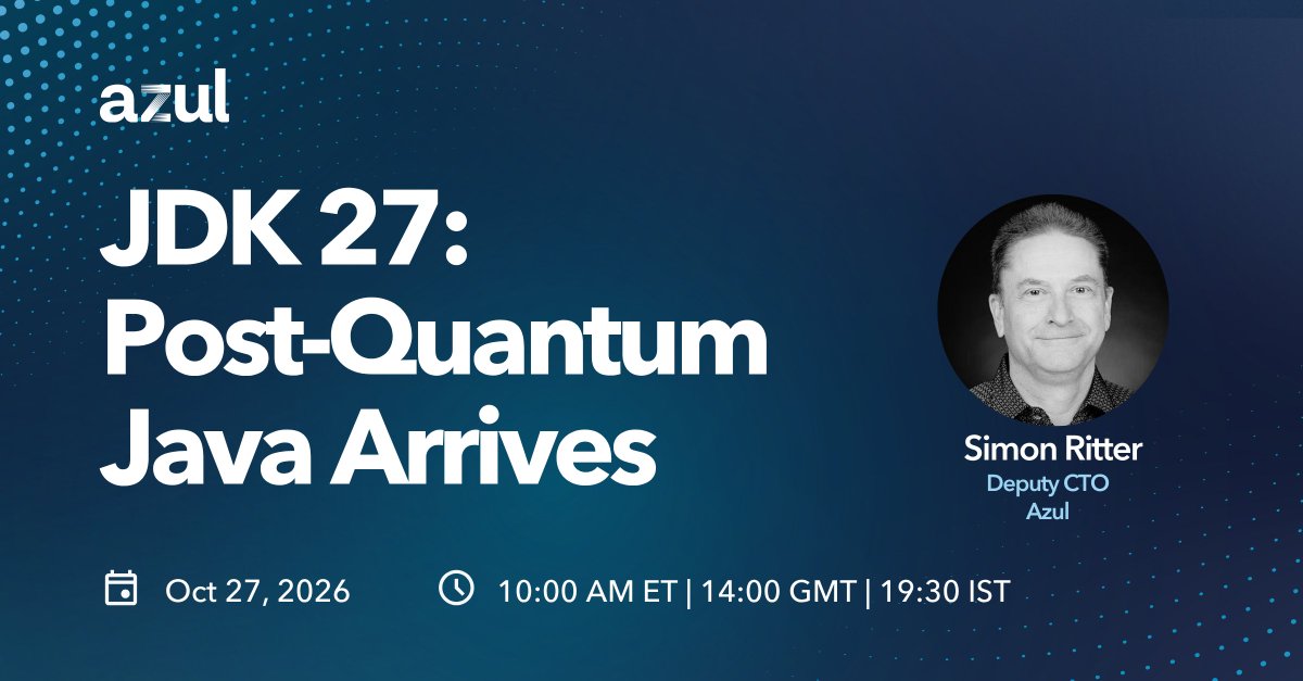AzulSystems's tweet photo. One week out: how much performance is a JDK upgrade on its own really worth? @speakjava answers in our upcoming webinar. https://t.co/JXPquv6mp1 #Java #JDK27 #PostQuantum https://t.co/7ZGVTI0fOM