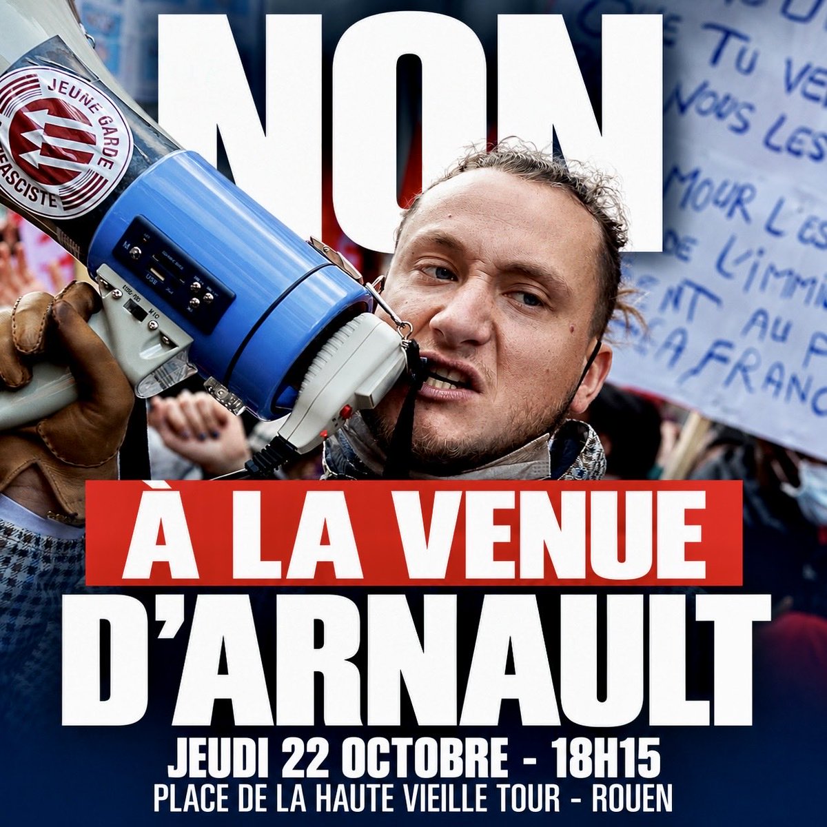 les_normaux's tweet photo. 🔴 RAPHAËL ARNAULT À ROUEN : PAS QUESTION !

Nous dénonçons la venue d’Arnault, fondateur de l’ex-Jeune Garde et dont plusieurs proches sont mis en cause dans l’enquête sur le lynchage à mort du jeune Quentin.

📅 Jeudi 22 octobre à 18h15
📍 Place de la Haute Vieille Tour, Rouen https://t.co/77fwrydVrD