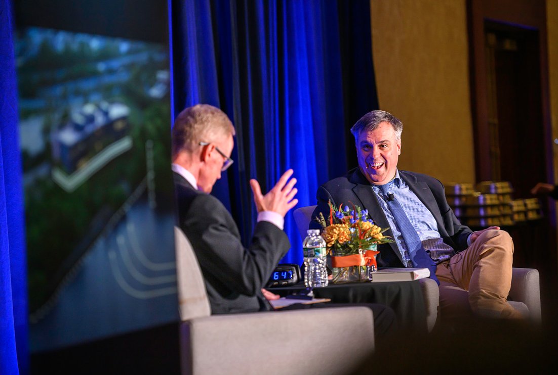 FitzProv's tweet photo. I enjoyed interviewing @jmart, politics bureau chief and senior political columnist at @politico, during last night's @RIPEC_ annual meeting. He offered good insights and anecdotes. Congratulations to @PaulDion5 and James Erinakes II for their awards. (Devon McWilliams photo) https://t.co/W66a3D0dqI