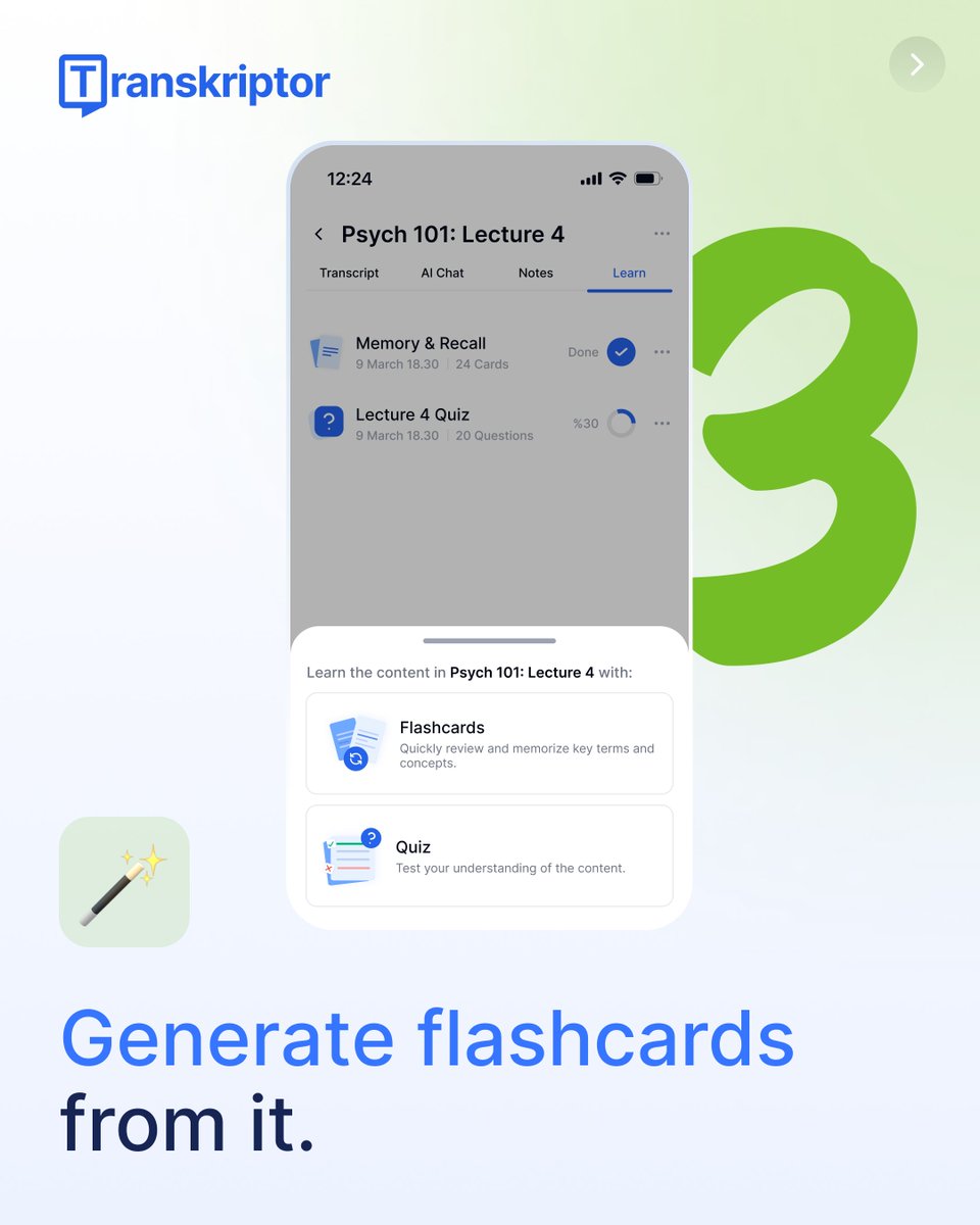 TranskriptorApp's tweet photo. midterms are coming. record the lecture, open the transcript, generate
flashcards. your lecture is now a stack https://t.co/uV0vuCY3Pv