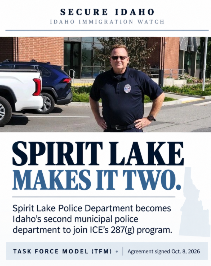 secureIDelect's tweet photo. POST FALLS WAS FIRST. NOW SPIRIT LAKE!

Congratulations to Chief Michael Morlan and Spirit Lake PD on becoming Idaho's SECOND municipal police department to join ICE's 287(g) program. https://t.co/oAmYEb42gi