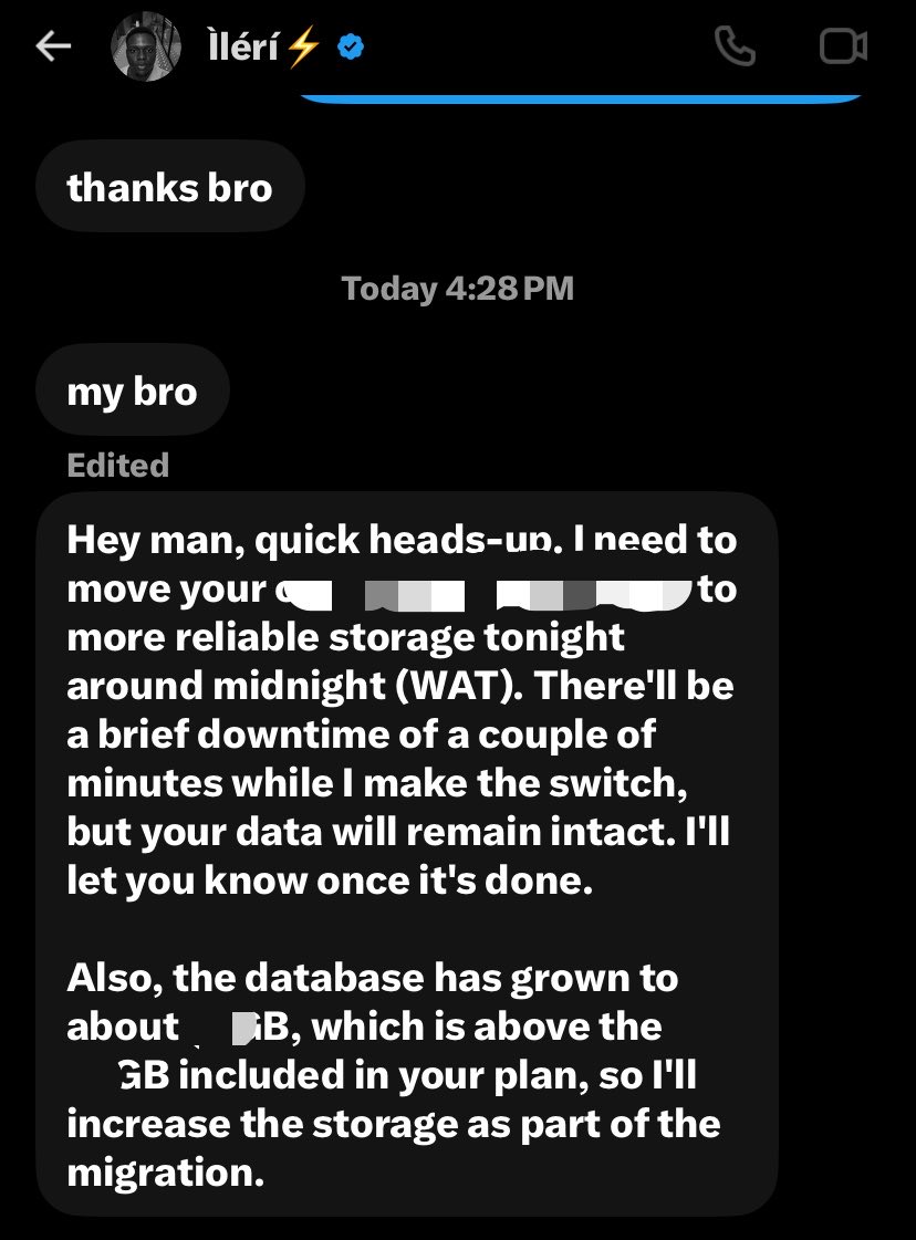 realokechukwu_'s tweet photo. surprised the @brimblehq founder (@pipe_dev ) even had time to give me a heads up about the db move. will share thoughts later 

all I can say now is, use @brimblehq https://t.co/Y2aGju46qo