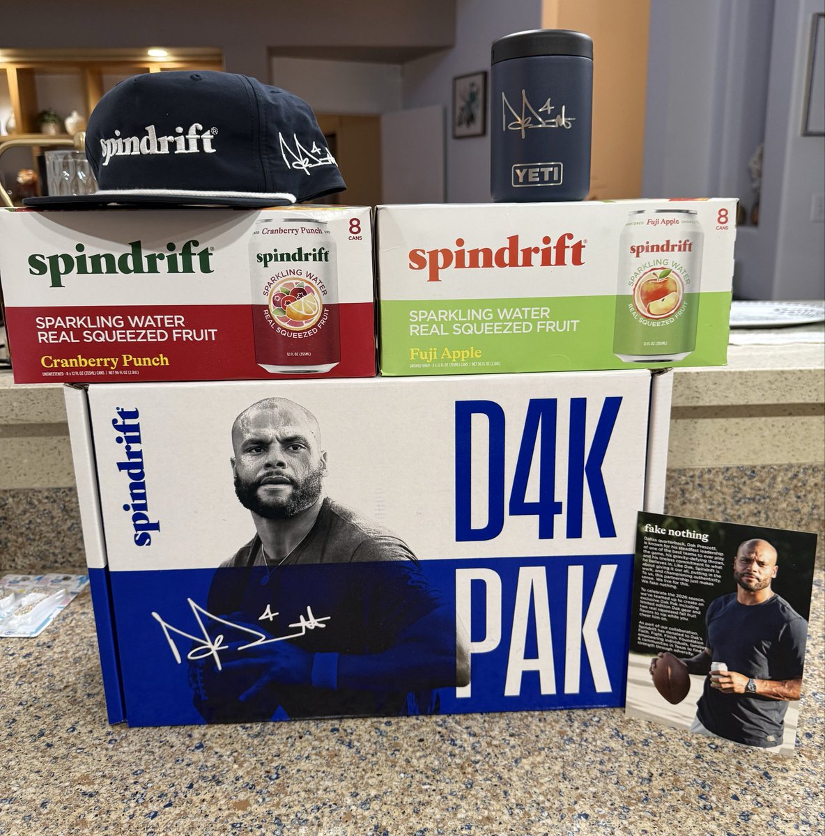 rjochoa's tweet photo. Big thanks to the folks at @drinkspindrift for sending over a DAK PAK!

This limited-edition pack includes Dak’s favorite Spindrift flavors and custom merch, but importantly 100% of proceeds to to his foundation: @FFFfoundation4 

The pack includes (2) 8-packs of seasonal Spindrift, YETI colster and hat with Dak’s signature. 

Visit link below for info to shop!